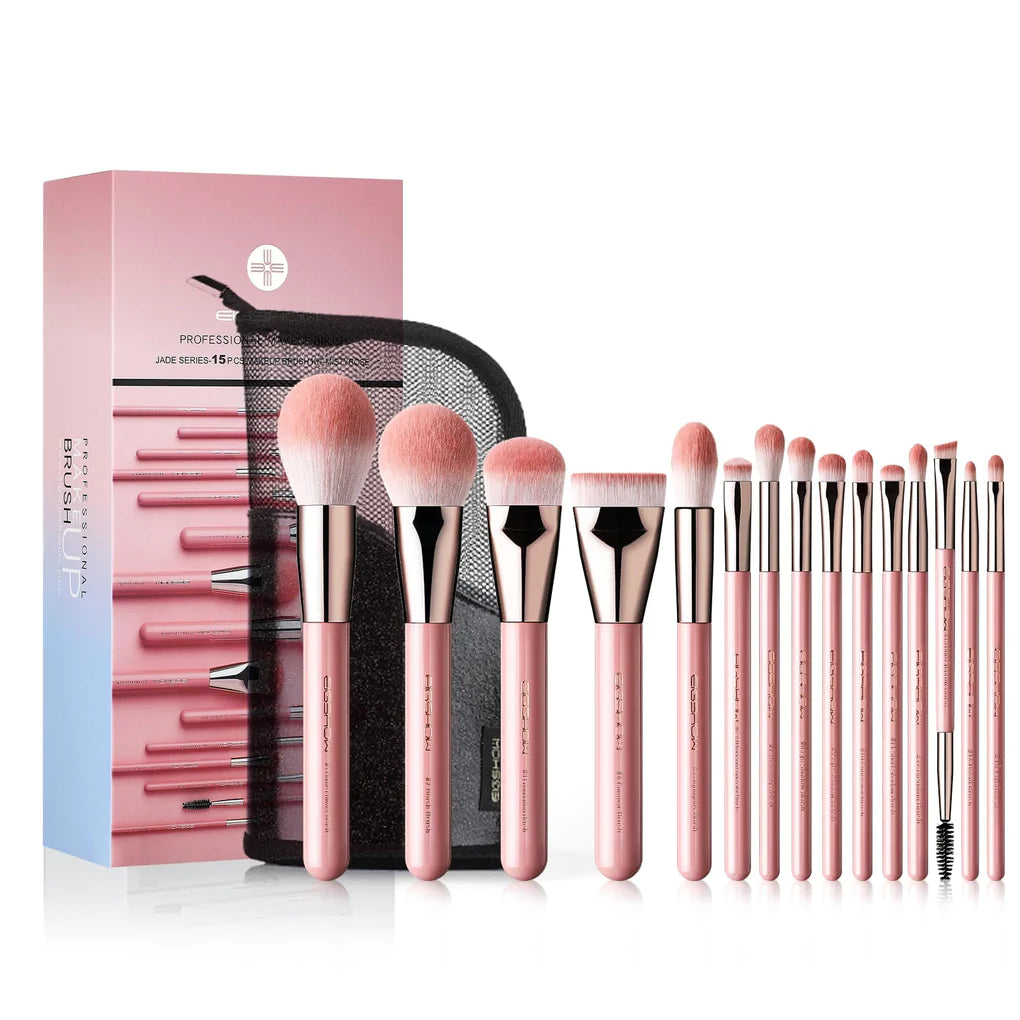 JADE SERIES PRO MISTYROSE 15 PCS EIGSHOW PROFESSIONAL MAKEUP BRUSH KIT WITH STORAGE BAG